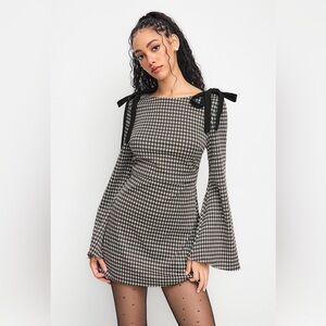 Cider  Gingham Tie-Shoulder Mini Dress with Black Bows